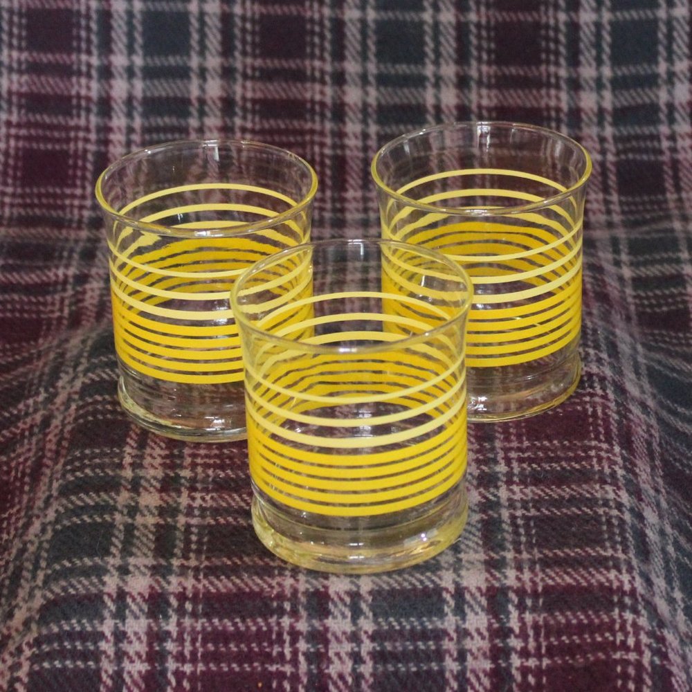 Vintage MCM Toscany Yellow Striped Small Juice Glasses Set of Three